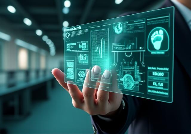 Executive reviewing sustainability metrics on a digital dashboard