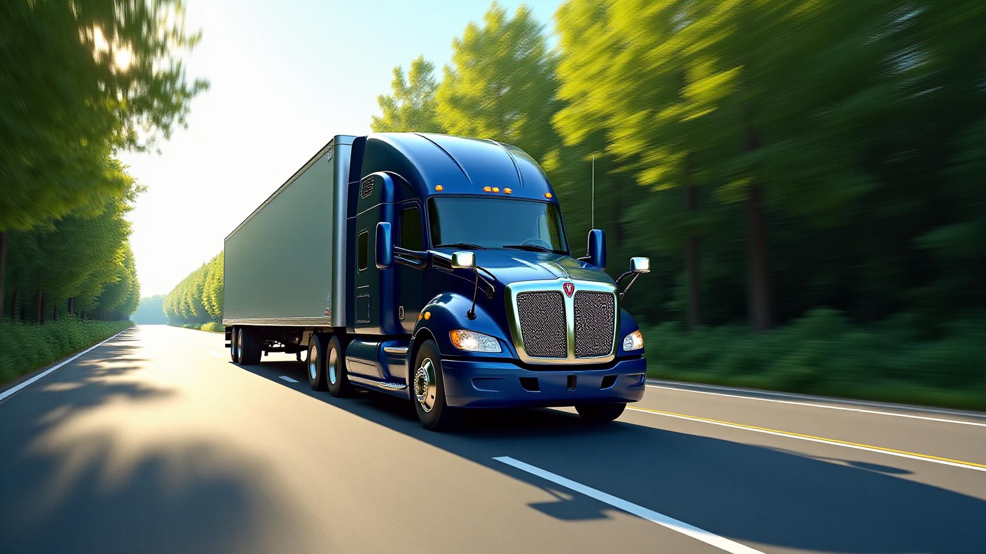 Modern low-emission Marshall Trucking semi-truck driving through a lush, green Maryland landscape