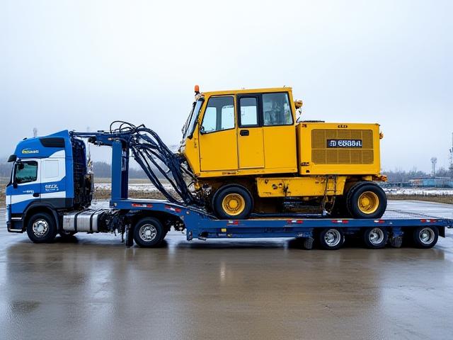 Removable Gooseneck Trailer (RGN) carrying a large paving machine