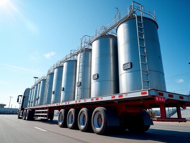 Step-Deck trailer hauling tall industrial tanks