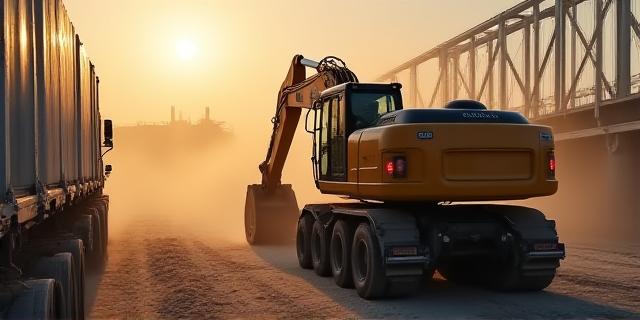 Heavy construction crane components on a transport trailer