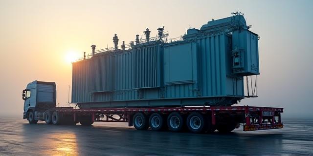 Large electrical transformer loaded for transport