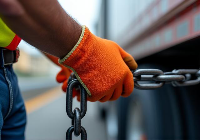 Marshall Trucking specialist conducting a safety check on a heavy haul trailer