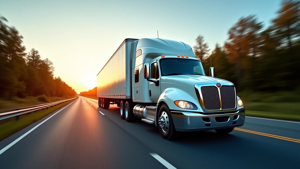 Expedited hot shot truck moving quickly along a highway under sunset light