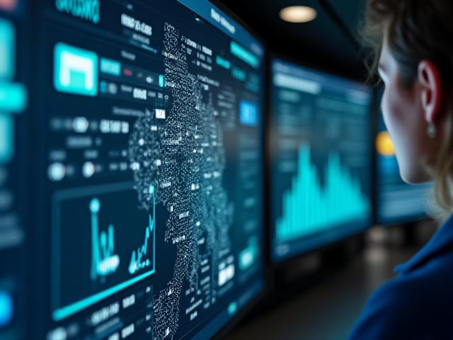 Logistics dispatcher monitoring live temperature data on high-tech dashboard