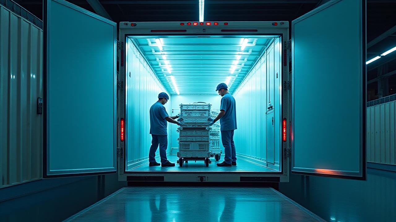 Healthcare professionals loading a validated temperature-controlled shipment into a Marshall Trucking Marshall truck